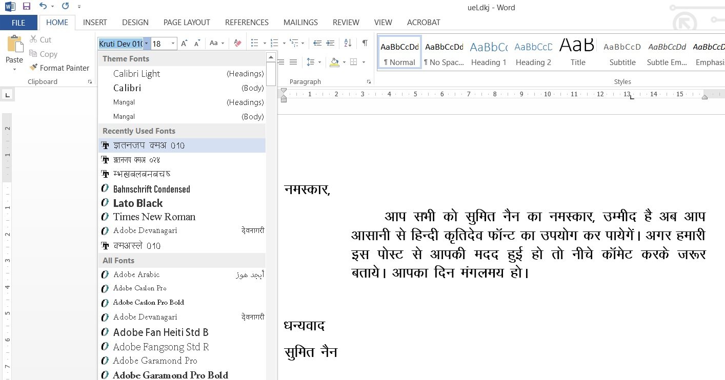hindi font on word